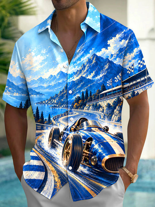 Adaychic Men's Vintage Racing Car On Mountain Track Print Short Sleeve Shirt with Chest Pocket