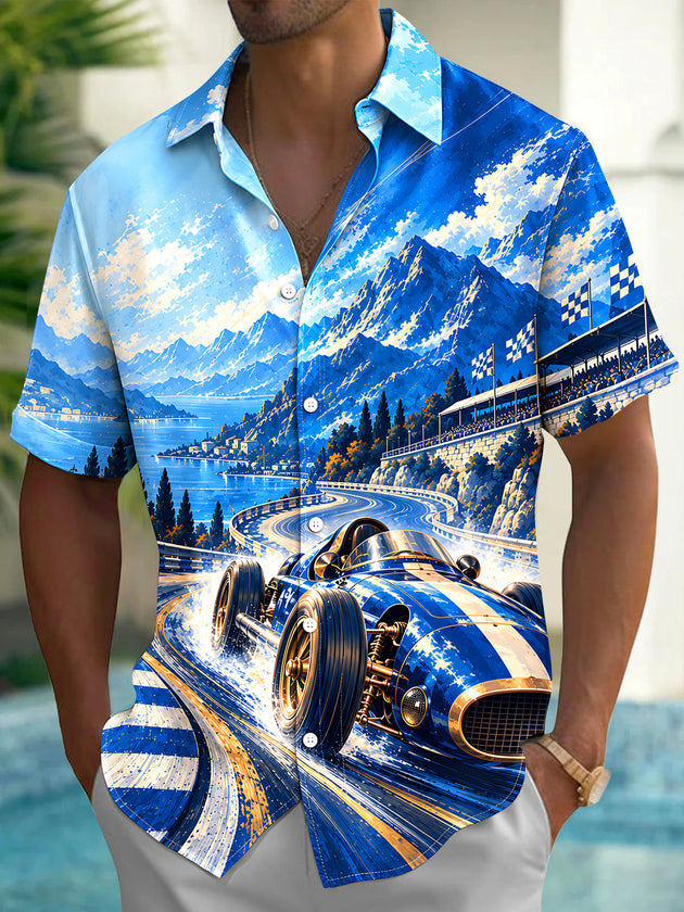 Adaychic Men's Vintage Racing Car On Mountain Track Print Short Sleeve Shirt with Chest Pocket