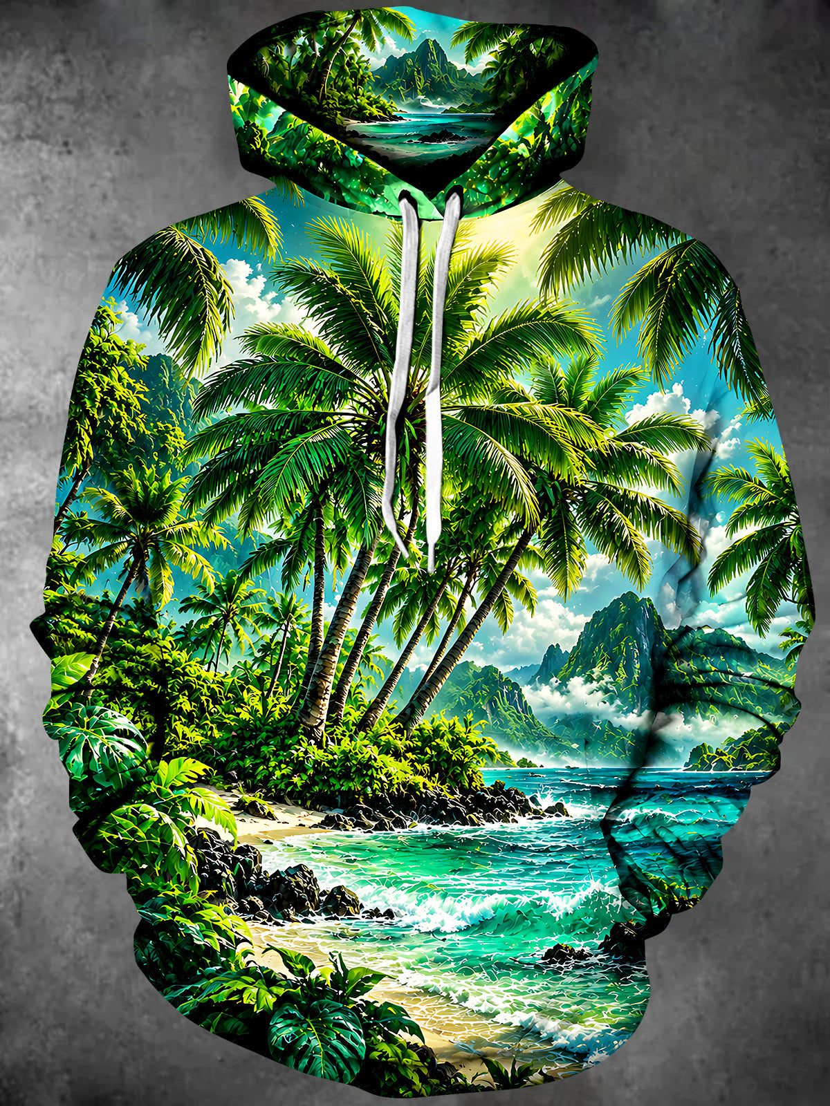 Adaychic Men's Palm Trees And Tropical Beach Landscape Print Long Sleeve Hoodie