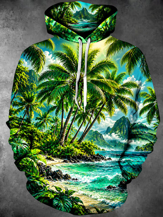 Adaychic Men's Palm Trees And Tropical Beach Landscape Print Long Sleeve Hoodie