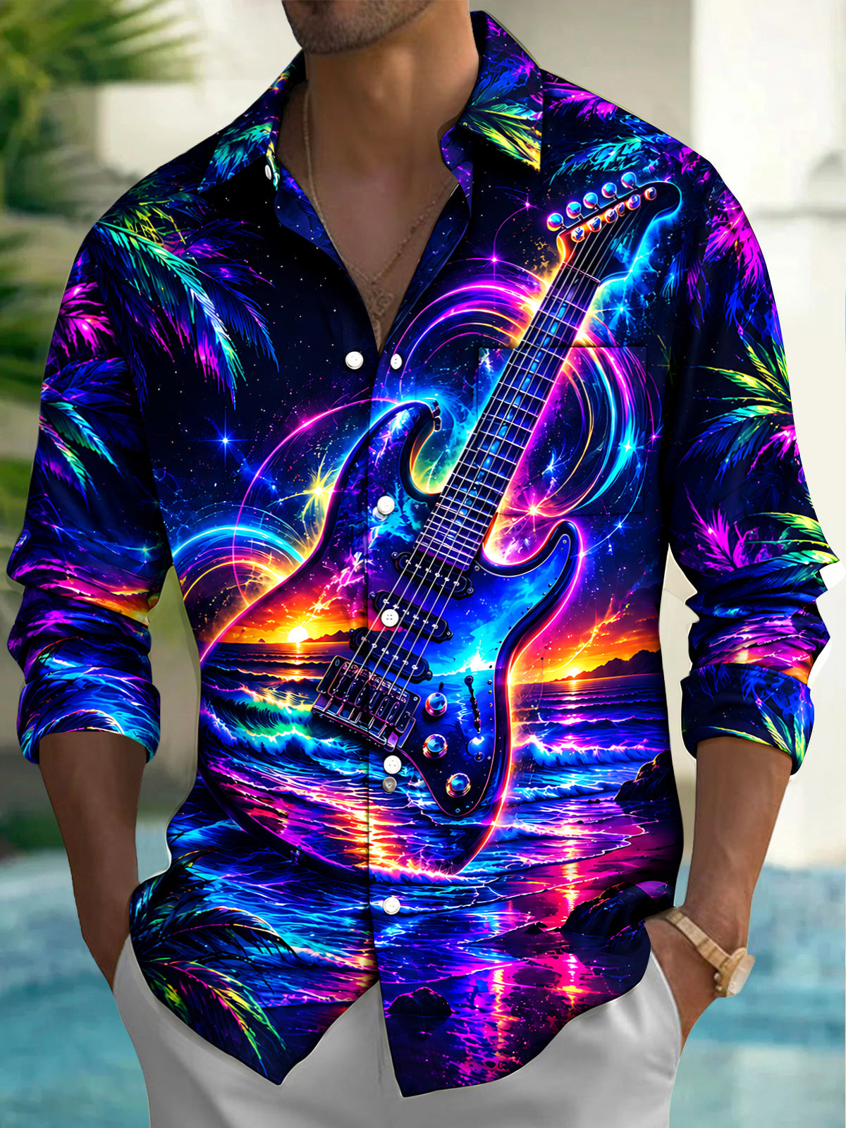 Adaychic Men's Neon Electric Guitar And Sunset Ocean Print Long Sleeve Shirt with Chest Pocket