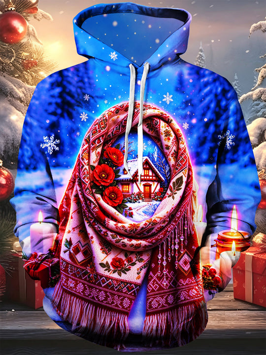 Adaychic Men's Long Sleeve Hoodie - Christmas Winter Cabin Scene With Patterned Scarf And Red Flowers Print