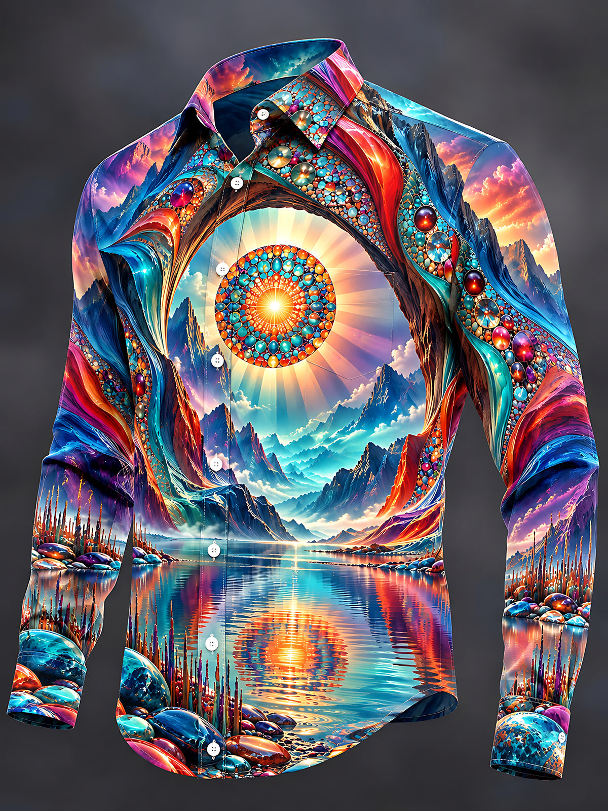 Adaychic Men's Long Sleeve Shirt - Psychedelic Mountain Lake Landscape With Mandala Sun Print with Chest Pocket