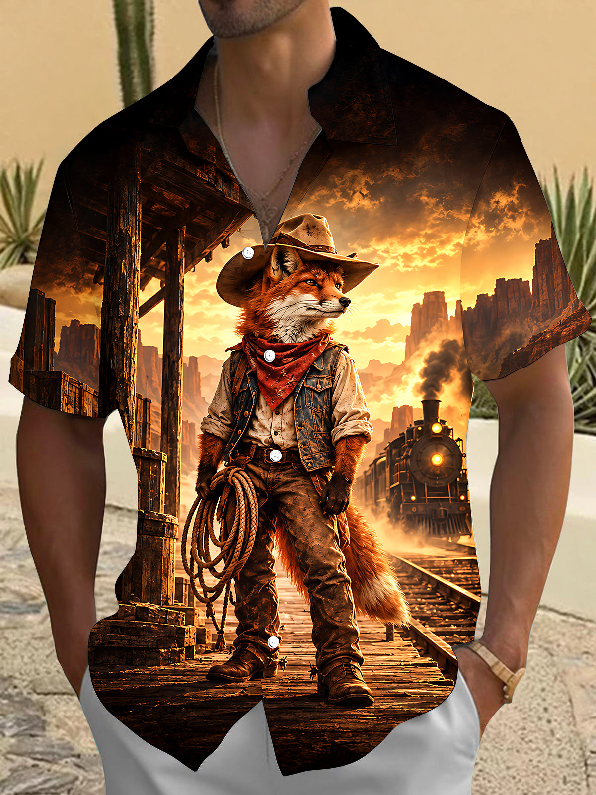 Adaychic Men's Printed Western Cowboy Fox Print Short Sleeve Shirt with Chest Pocket