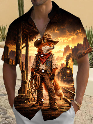 Adaychic Men's Printed Western Cowboy Fox Print Short Sleeve Shirt with Chest Pocket