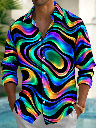 Adaychic Men's Printed Neon Abstract Wavy Lines Print Long Sleeve Shirt with Chest Pocket