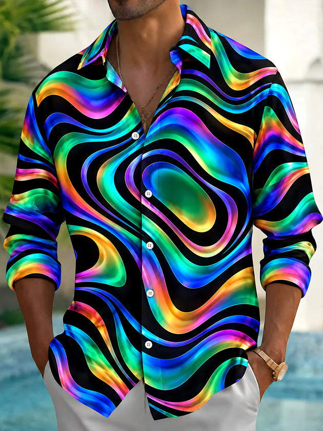 Adaychic Men's Printed Neon Abstract Wavy Lines Print Long Sleeve Shirt with Chest Pocket