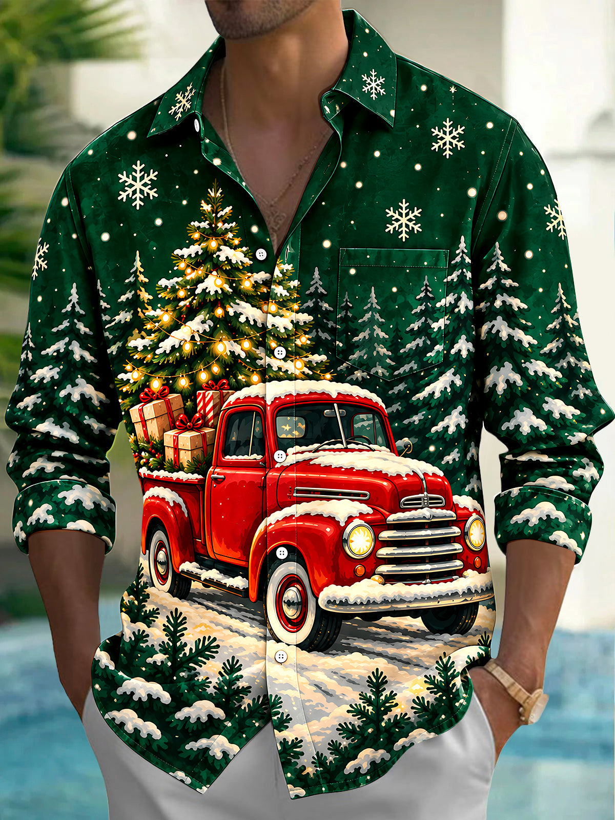 Adaychic Men's Long Sleeve Shirt - Vintage Red Truck With Christmas Tree And Gifts Print with Chest Pocket
