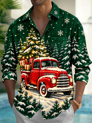Adaychic Men's Long Sleeve Shirt - Vintage Red Truck With Christmas Tree And Gifts Print with Chest Pocket