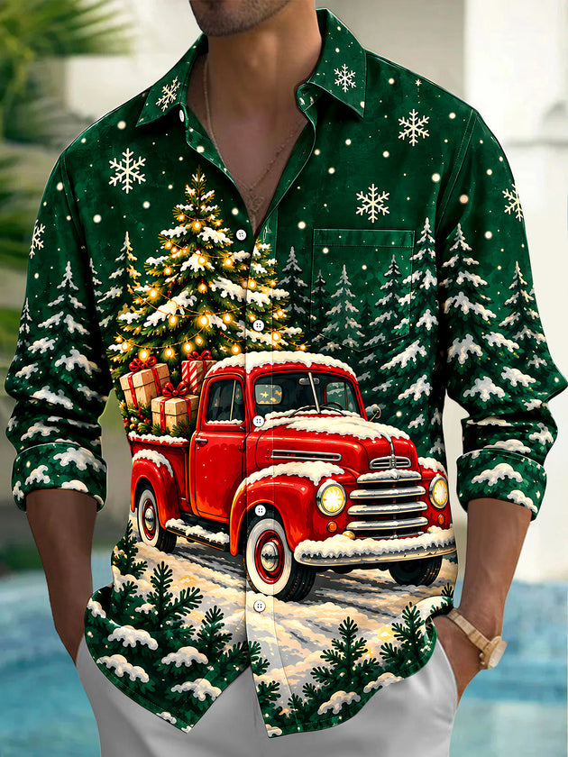Adaychic Men's Long Sleeve Shirt - Vintage Red Truck With Christmas Tree And Gifts Print with Chest Pocket