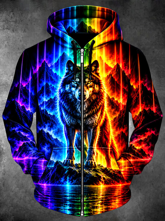Adaychic Men's Wolf With Mountain Landscape Print Long Sleeve Zip-Up Hoodie