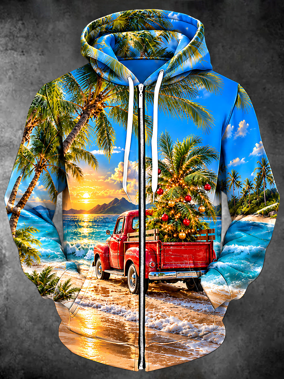 Adaychic Men's Long Sleeve Zip-Up Hoodie - Vintage Red Truck With Christmas Tree On Beach Print