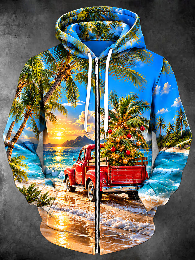Adaychic Men's Long Sleeve Zip-Up Hoodie - Vintage Red Truck With Christmas Tree On Beach Print
