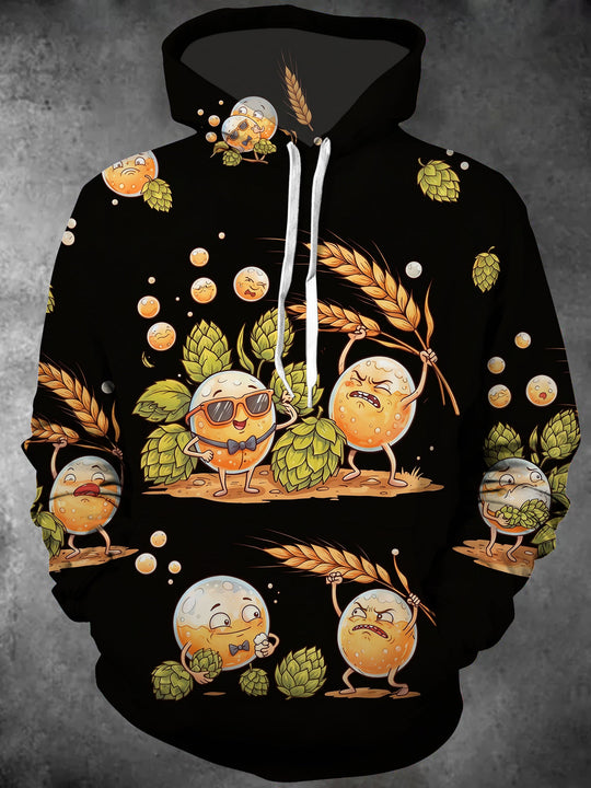 Adaychic Men's Anthropomorphic Beer Bubbles And Hops Print Long Sleeve Hoodie