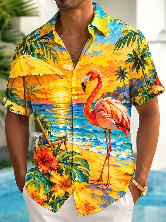 Adaychic Men's Flamingo And Palm Tree Beach Sunset Print Short Sleeve Shirt with Chest Pocket