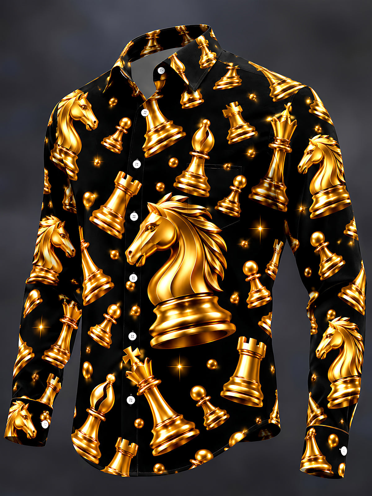 Adaychic Men's Patterned Gold Chess Pieces Print Long Sleeve Shirt with Chest Pocket