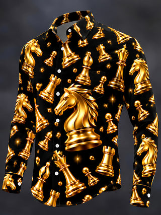 Adaychic Men's Patterned Gold Chess Pieces Print Long Sleeve Shirt with Chest Pocket