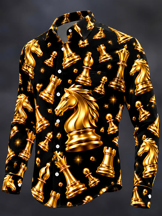 Adaychic Men's Patterned Gold Chess Pieces Print Long Sleeve Shirt with Chest Pocket