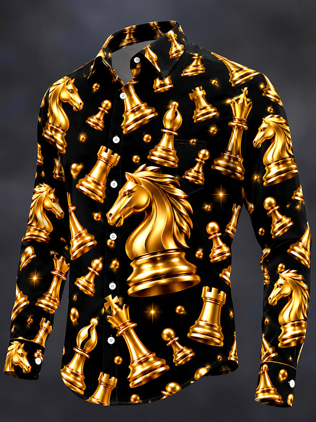 Adaychic Men's Patterned Gold Chess Pieces Print Long Sleeve Shirt with Chest Pocket