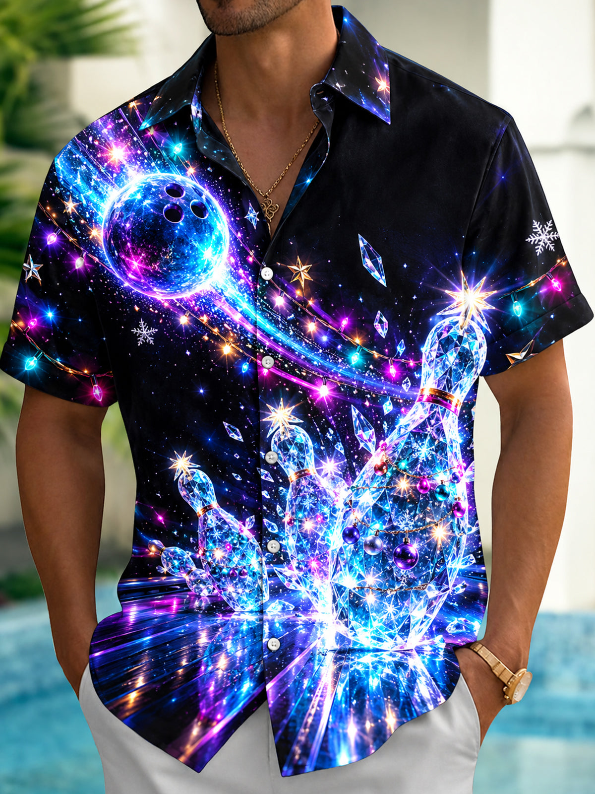 Adaychic Men's Short Sleeve Shirt - Crystal Bowling Pins And Bowling Ball With Christmas Ornaments Print with Chest Pocket