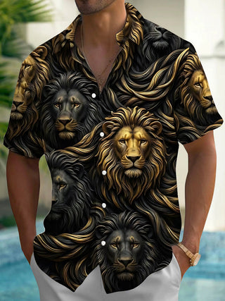 Adaychic Men's Hawaiian Lion Faces Print Short Sleeve Shirt with Chest Pocket