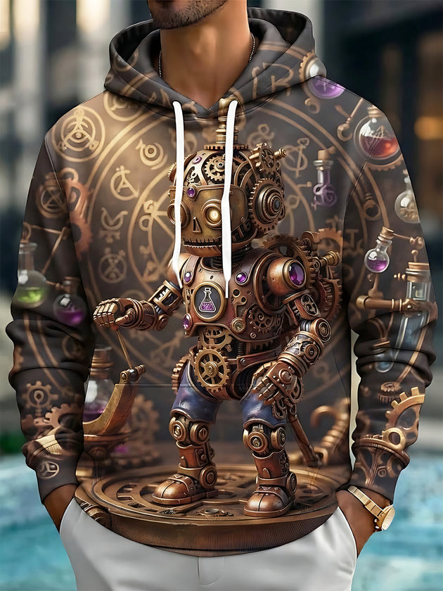 Adaychic Men's Long Sleeve Hoodie - Steampunk Mechanical Puppet With Gears And Alchemy Potions Print