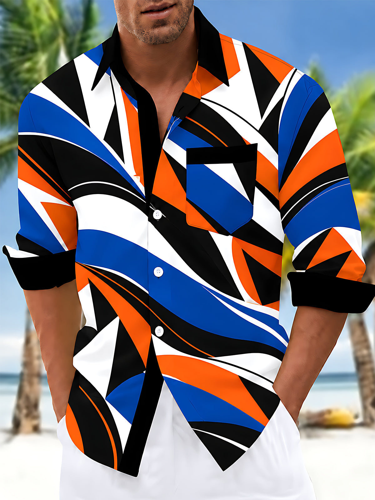Adaychic Men's Geometric Abstract Waves And Stripes Print Long Sleeve Shirt with Chest Pocket