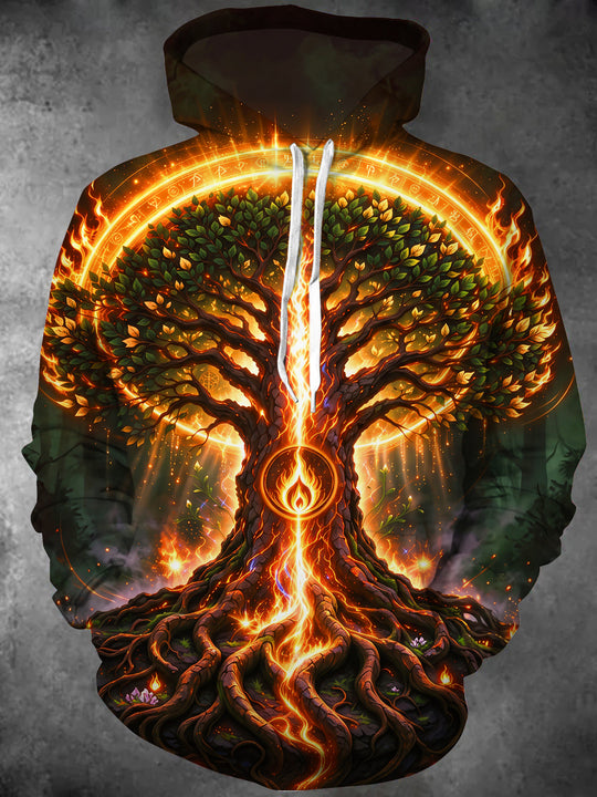 Adaychic Men's Tree Of Life With Rune Circle And Fire Print Long Sleeve Hoodie