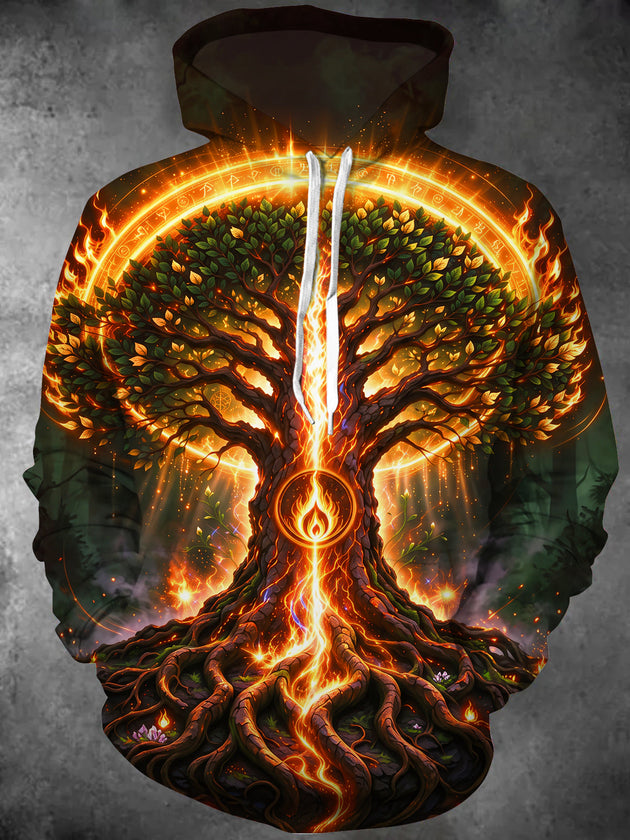 Adaychic Men's Tree Of Life With Rune Circle And Fire Print Long Sleeve Hoodie