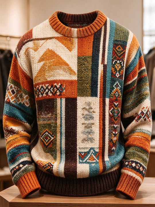 Adaychic Men's Geometric Patchwork Pattern Long Sleeve Crew Neck Sweater