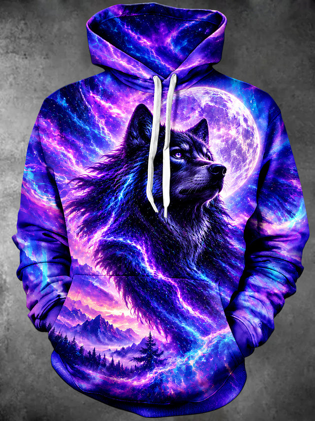 Adaychic Men's Long Sleeve Hoodie - Wolf Head With Full Moon And Galaxy Background Print