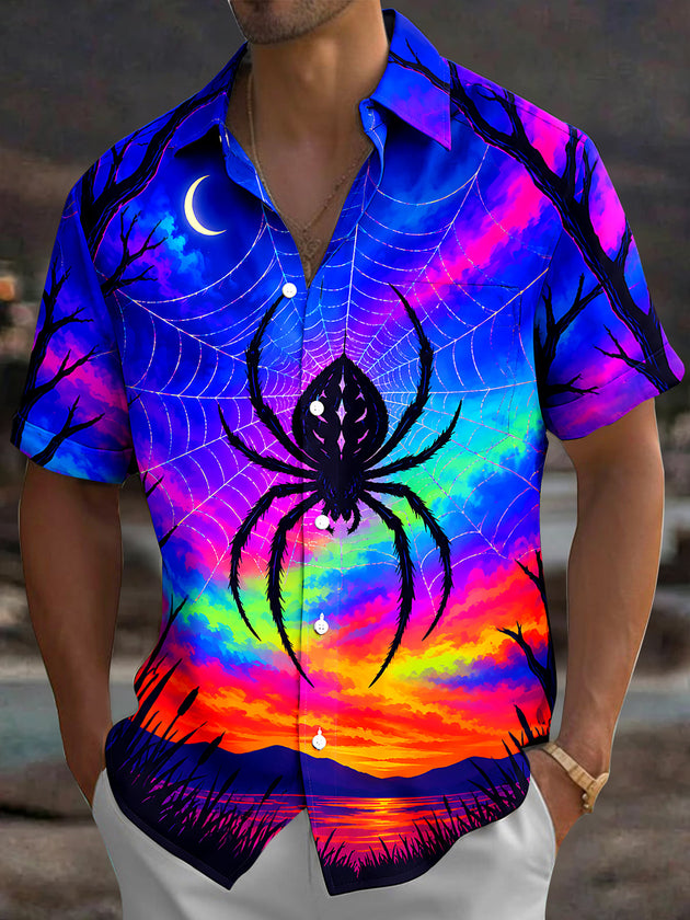 Adaychic Men's Hawaiian Spider And Spider Web Print Short Sleeve Shirt with Chest Pocket