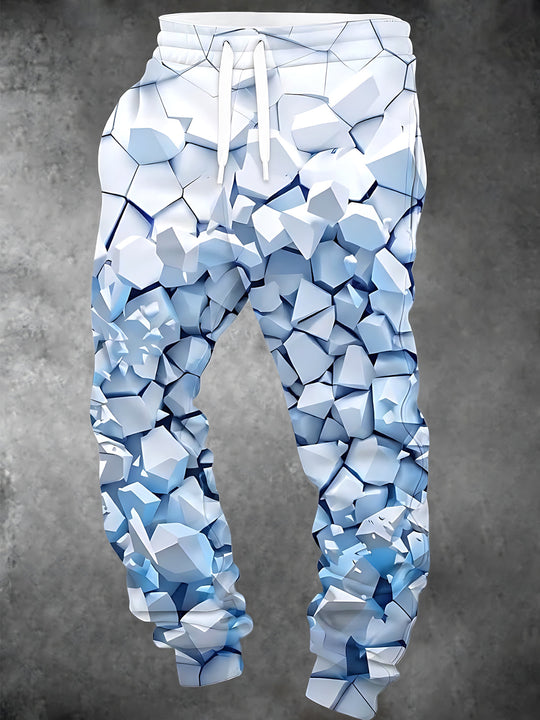 Adaychic Men's Drawstring Elastic-Waist Sweatpants - 3D Geometric Ice Crystals Print with Side Pockets