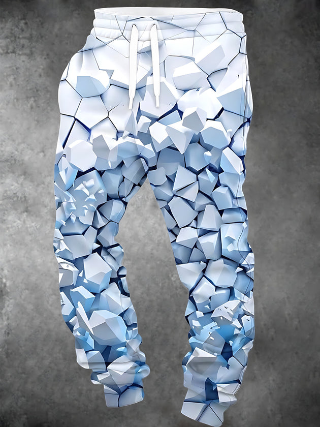 Adaychic Men's Drawstring Elastic-Waist Sweatpants - 3D Geometric Ice Crystals Print with Side Pockets
