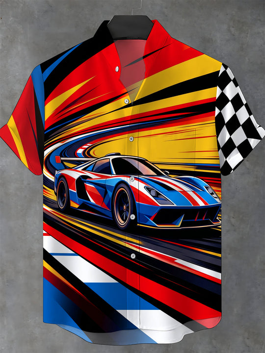 Adaychic Men's Short Sleeve Stand Collar Shirt - Racing Sports Car And Checkered Flag Print with Chest Pocket