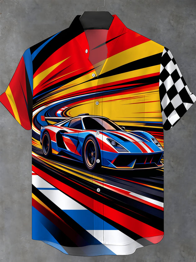 Adaychic Men's Short Sleeve Stand Collar Shirt - Racing Sports Car And Checkered Flag Print with Chest Pocket