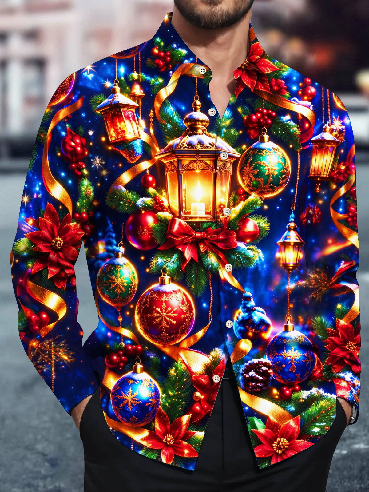 Adaychic Men's Printed Christmas Lanterns And Ornaments Print Long Sleeve Shirt with Chest Pocket