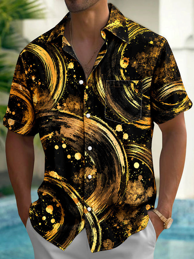 Adaychic Men's Short Sleeve Shirt - Abstract Gold And Black Swirls With Splatters Print with Chest Pocket