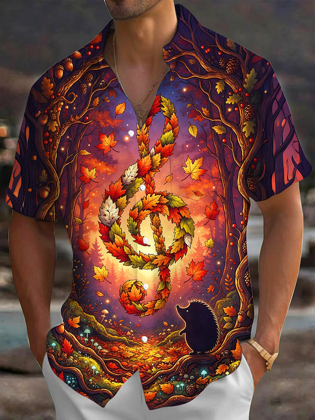 Adaychic Men's Short Sleeve Shirt - Autumn Forest Treble Clef Made Of Leaves Print with Chest Pocket