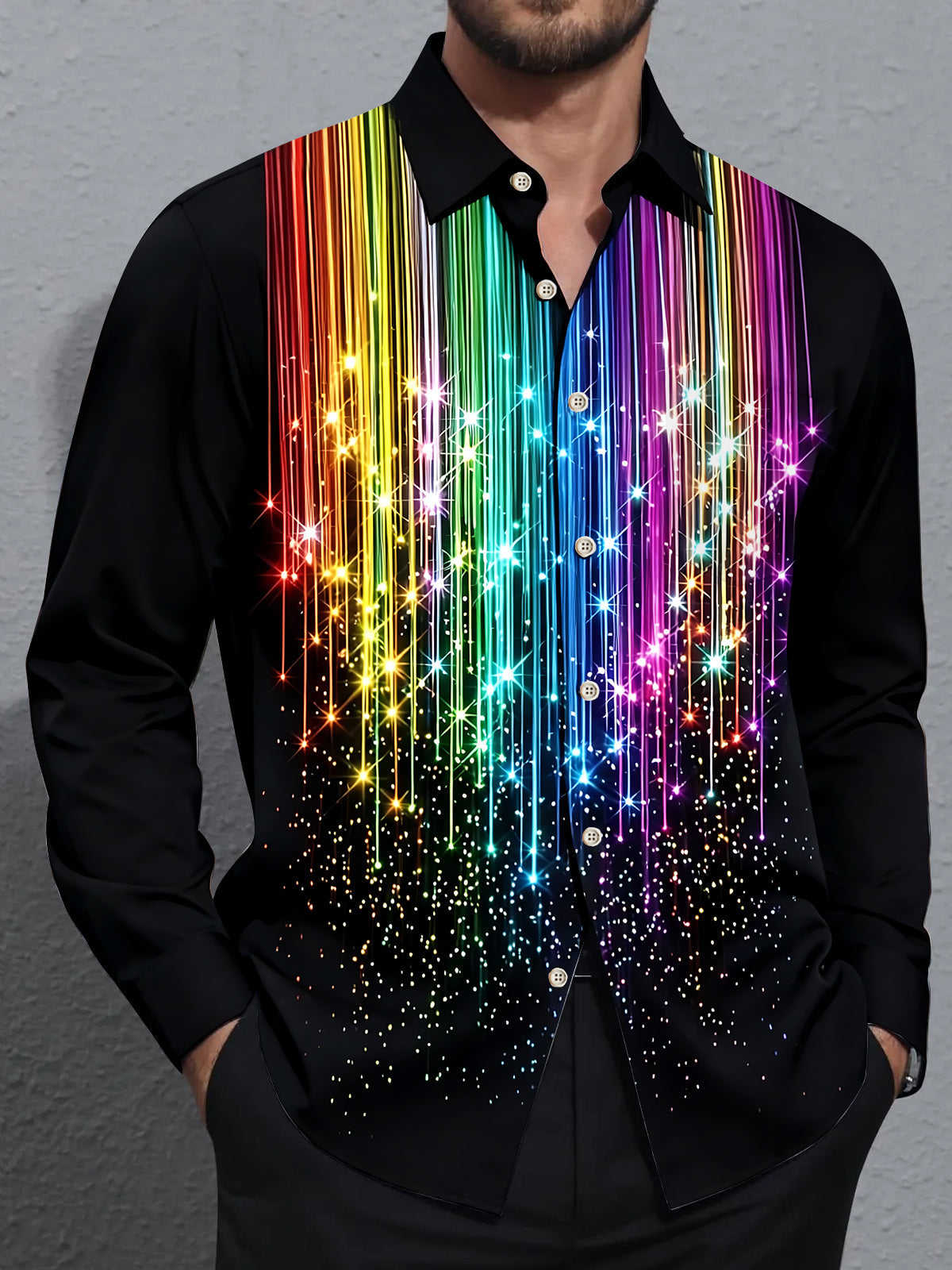 Adaychic Men's Rainbow Gradient Lines With Sparkles Print Long Sleeve Shirt with Chest Pocket