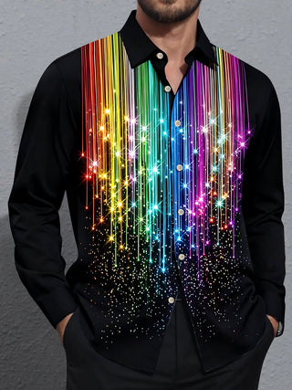 Adaychic Men's Rainbow Gradient Lines With Sparkles Print Long Sleeve Shirt with Chest Pocket