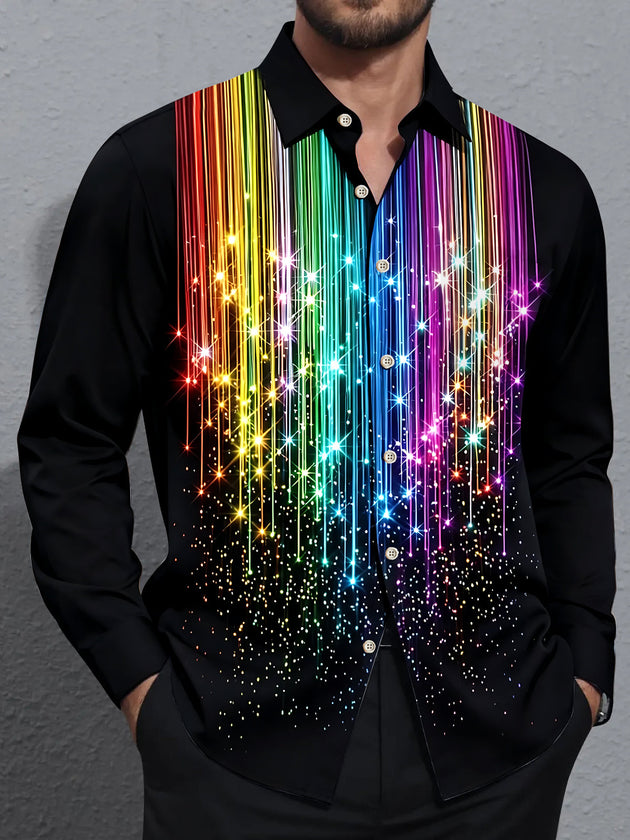 Adaychic Men's Rainbow Gradient Lines With Sparkles Print Long Sleeve Shirt with Chest Pocket