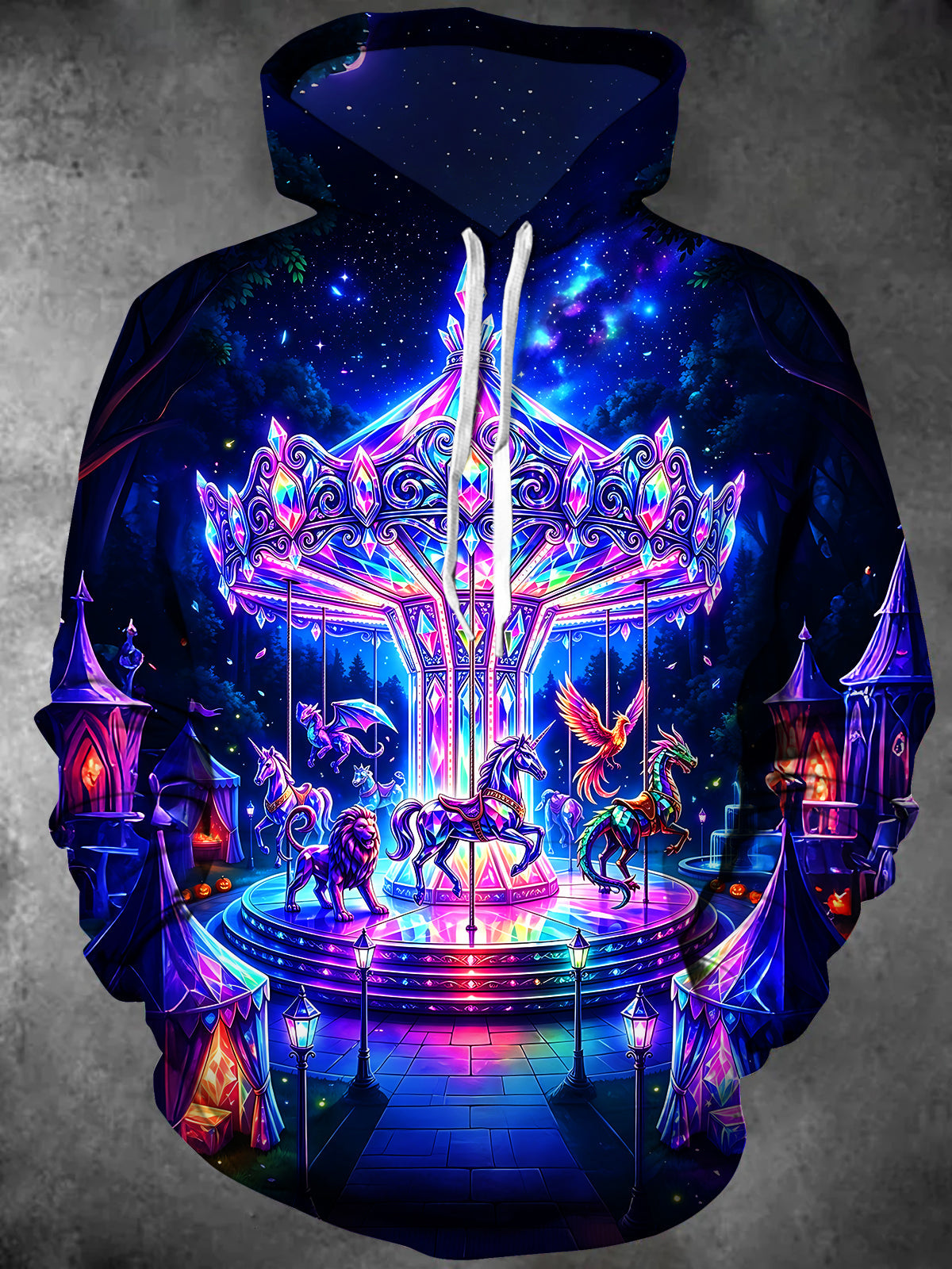 Adaychic Men's Neon Carousel With Fantasy Creatures Print Long Sleeve Hoodie