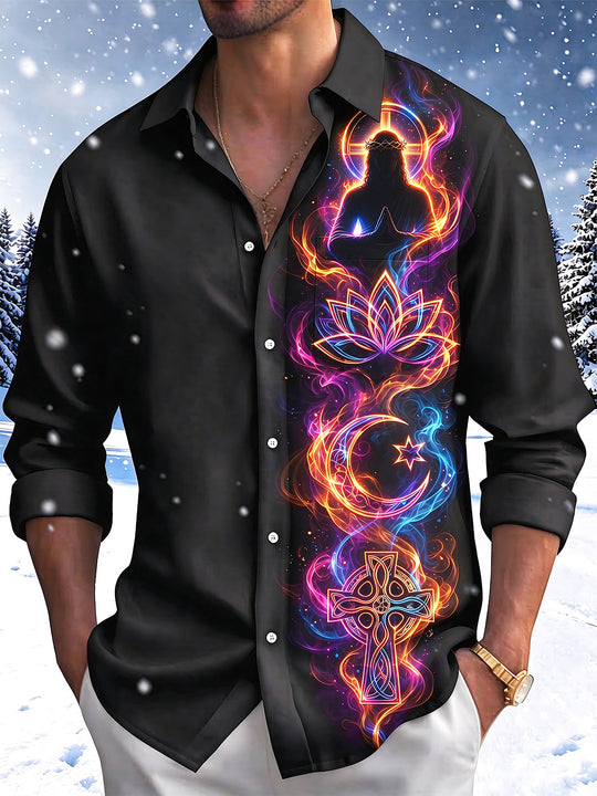 Adaychic Men's Neon Religious And Spiritual Symbols Print Long Sleeve Shirt with Chest Pocket
