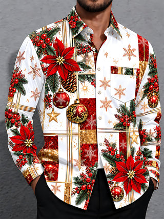 Adaychic Men's Christmas Poinsettia And Ornaments Print Long Sleeve Shirt with Chest Pocket