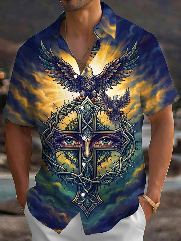 Men's Eagles And Thorn Cross With Eyes Print Short Sleeve Shirt with Chest Pocket