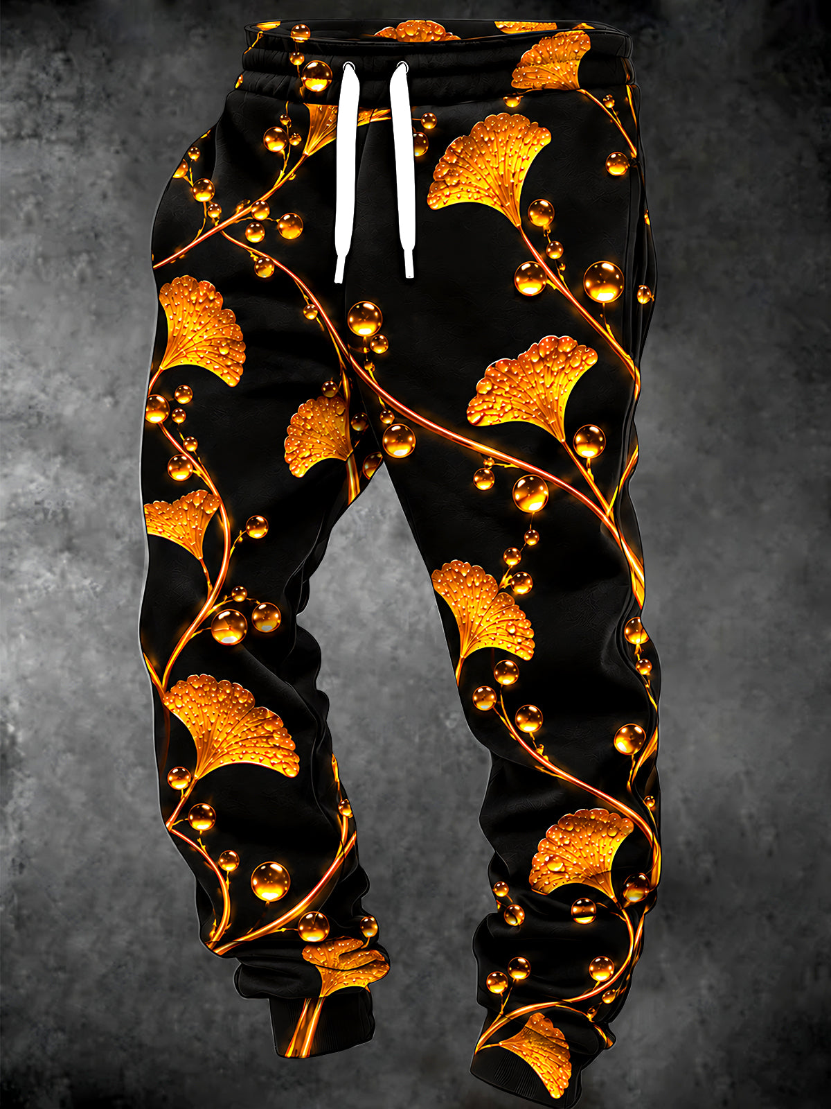 Adaychic Men's Graphic Ginkgo Leaves And Golden Bubbles Print Pants