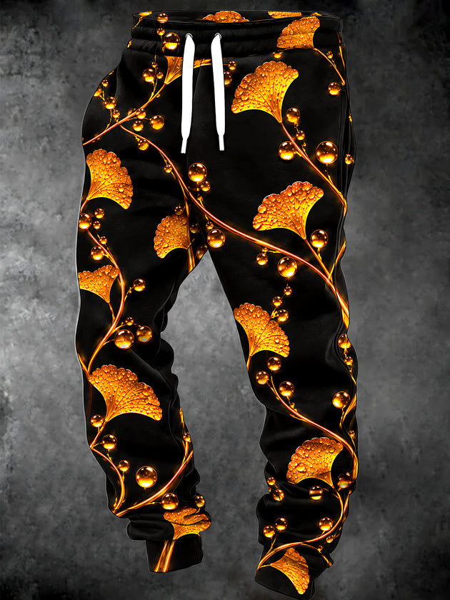 Adaychic Men's Graphic Ginkgo Leaves And Golden Bubbles Print Pants