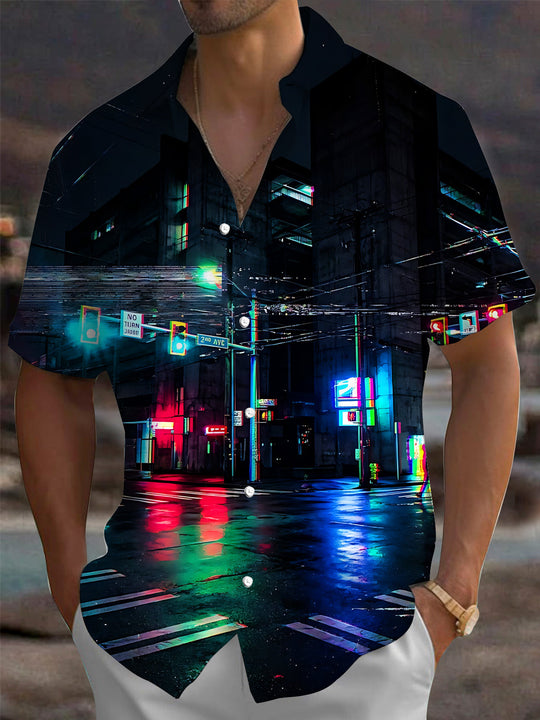 Adaychic Men's Printed Neon City Street Night Scene Print Short Sleeve Shirt with Chest Pocket