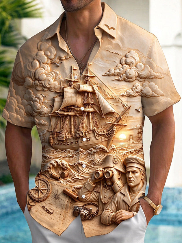 Adaychic Men's Short Sleeve Shirt - Vintage Military Soldier And Sailing Ship Relief Print with Chest Pocket